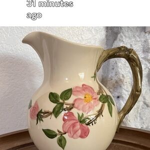 Desert Rose Franciscan Water Pitcher with Pink Roses & Green Handle